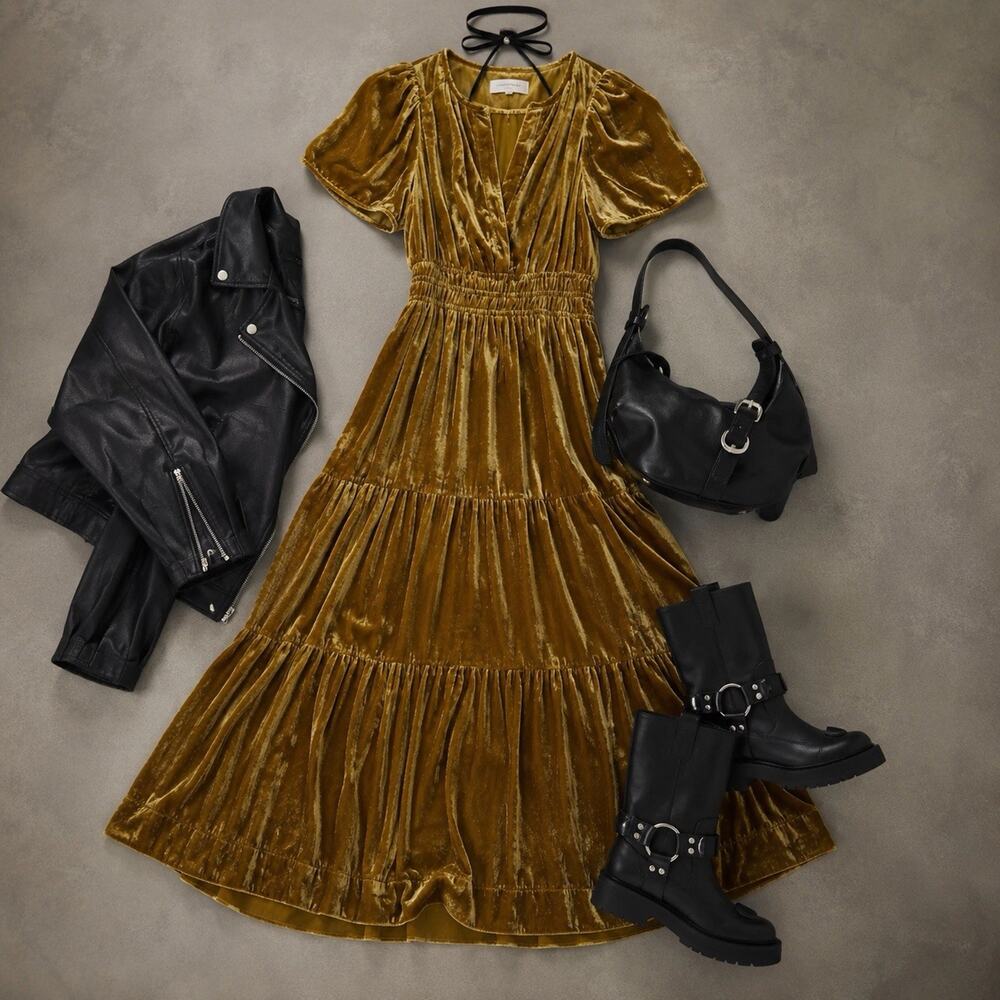 Anthropologie Somerset Velvet Maxi Dress XS Mustard Gold Tiered Smocked Pockets